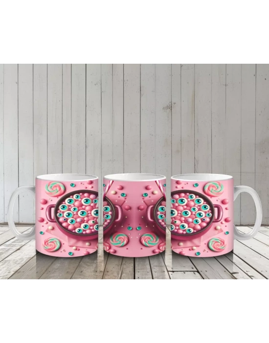 Pembe Zemin Üzerinde Korkunç Şeker Figürlü Sevimli Cadılar Bayramı Baskılı Kupa