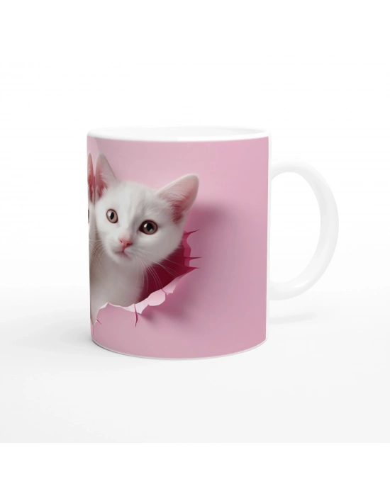 Pembe Zeminden Bakan Gerçekçi Yavru Kediler Temalı Baskılı Kupa Bardak