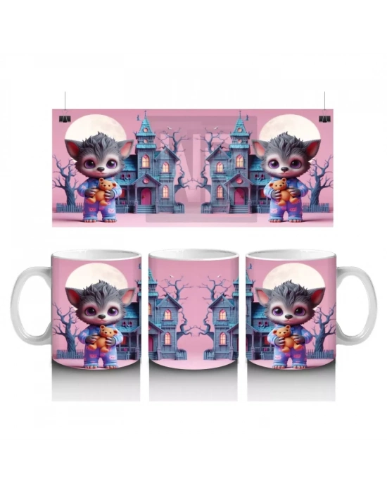 Perili Şato Önünde Sevimli Cadı Kız Figürlü Pembe Cadılar Bayramı Baskılı Kupa Bardak