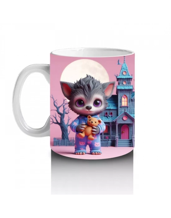 Perili Şato Önünde Sevimli Cadı Kız Figürlü Pembe Cadılar Bayramı Baskılı Kupa Bardak