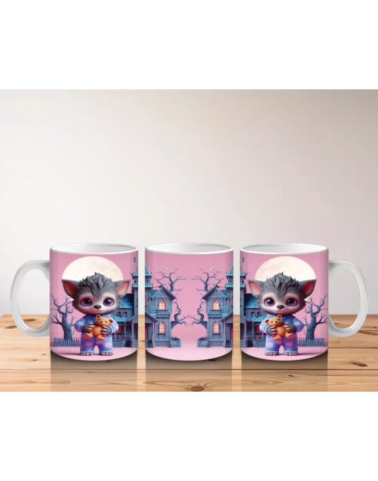 Perili Şato Önünde Sevimli Cadı Kız Figürlü Pembe Cadılar Bayramı Baskılı Kupa Bardak