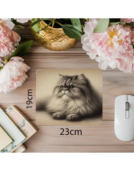 Persian Cat Temalı Karakalem Mouse Pad - 19x23 cm 2 mm Dikdörtgen İthal Baskılı Mouse Pad