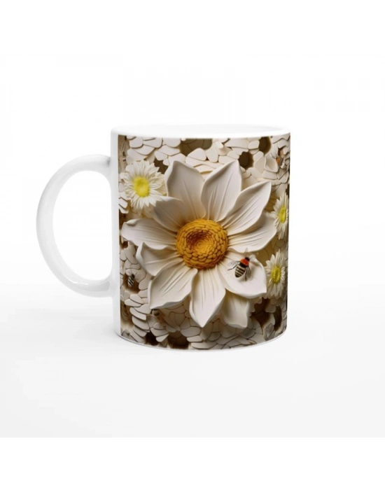 Petek Üzerindeki Papatya ve Arı Temalı Baskılı Kupa Bardak