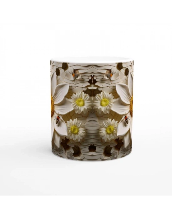 Petek Üzerindeki Papatya ve Arı Temalı Baskılı Kupa Bardak