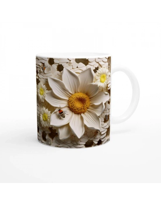 Petek Üzerindeki Papatya ve Arı Temalı Baskılı Kupa Bardak