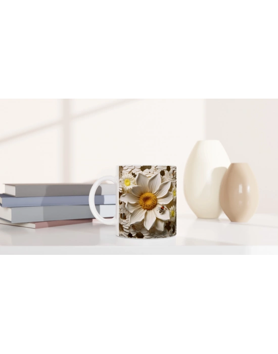 Petek Üzerindeki Papatya ve Arı Temalı Baskılı Kupa Bardak