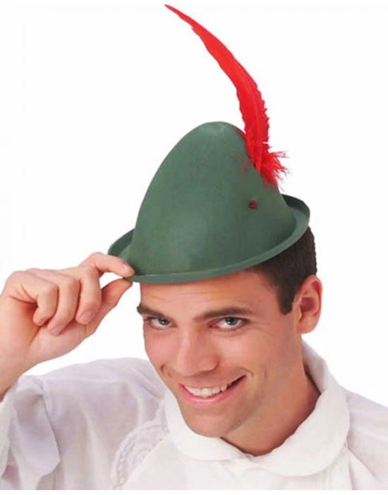 Peter Pan Şapkası Yeşil Renk Kırmızı Tüylü