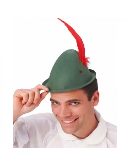 Peter Pan Şapkası Yeşil Renk Kırmızı Tüylü