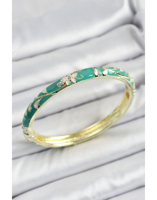 Mineli Pirinç Yeşil Çiçek Motifli Kadın Kelepçe