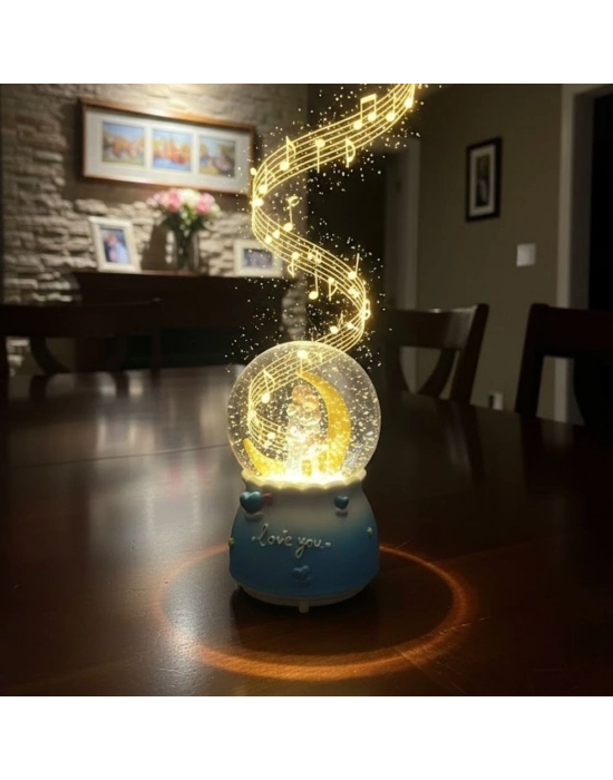 ® Pilli Işıklı Müzikli Kar Küresi–Hilal Ay Figürlü Romantik Masaüstü Biblo, LED Aydınlatmalı Dekoratif Hediyelik Kar Küresi