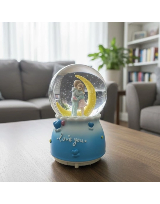 ® Pilli Işıklı Müzikli Kar Küresi–Hilal Ay Figürlü Romantik Masaüstü Biblo, LED Aydınlatmalı Dekoratif Hediyelik Kar Küresi