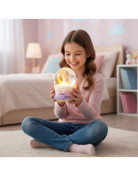 ® Pilli Işıklı Müzikli Kar Küresi–Hilal Ay Önünde Prenses Figürlü Eğlenceli Masaüstü Biblo, LED Aydınlatmalı Dekoratif Hediyelik Kar Küresi