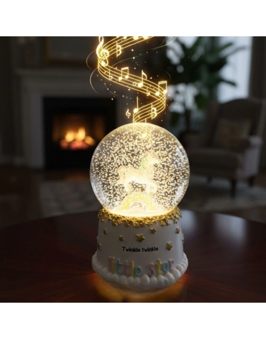 ® Pilli Işıklı Müzikli Kar Küresi–Pony At Figürlü Eğlenceli Masaüstü Biblo, LED Aydınlatmalı Dekoratif Hediyelik Kar Küresi