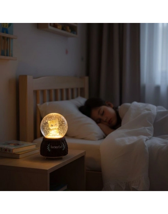 ® Pilli Işıklı Müzikli Kar Küresi–Şanslı Kedi Figürlü Eğlenceli Masaüstü Biblo, LED Aydınlatmalı Dekoratif Hediyelik Kar Küresi