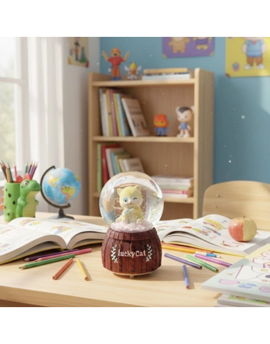 ® Pilli Işıklı Müzikli Kar Küresi–Şanslı Kedi Figürlü Eğlenceli Masaüstü Biblo, LED Aydınlatmalı Dekoratif Hediyelik Kar Küresi