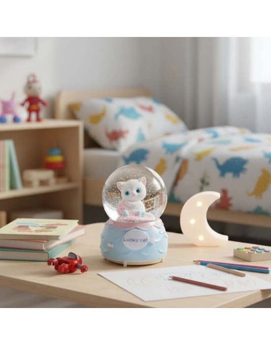 ® Pilli Işıklı Müzikli Kar Küresi–Şanslı Toplu Kedi Figürlü Eğlenceli Masaüstü Biblo, LED Aydınlatmalı Dekoratif Hediyelik Kar Küresi