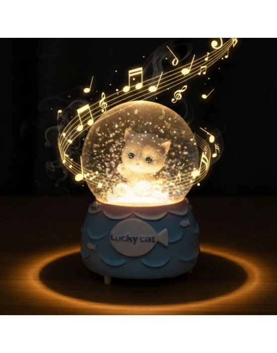 ® Pilli Işıklı Müzikli Kar Küresi–Şanslı Toplu Kedi Figürlü Eğlenceli Masaüstü Biblo, LED Aydınlatmalı Dekoratif Hediyelik Kar Küresi