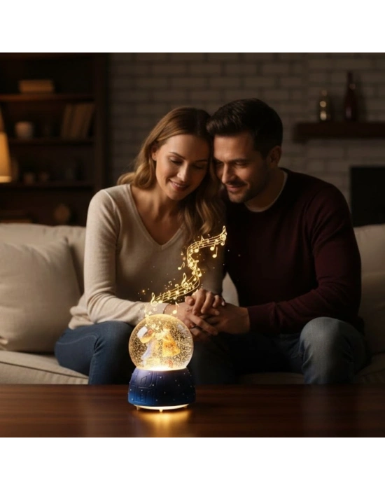 ® Pilli Işıklı Müzikli Kar Küresi–Valizli Sevgili Çift Figürlü Eğlenceli Masaüstü Biblo, LED Aydınlatmalı Dekoratif Hediyelik Kar Küresi