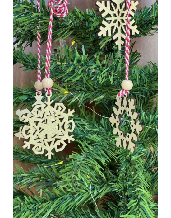 ®  Pilli Peri Ledli 6 Parça Kırmızı Beyaz İpli Kar Tanesi Model Ahşap Yılbaşı Ağaç Süsü