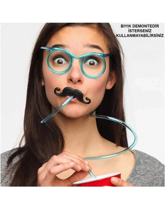 Pipetli Parti Gözlüğü - Çocuk Ve Yetişkin Bıyıklı Pipet Gözlük Mavi Renk 18x14 Cm