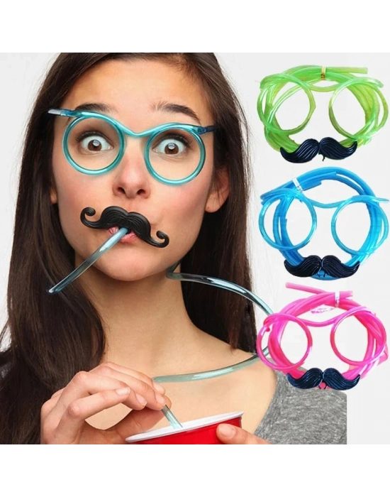 Pipetli Parti Gözlüğü - Çocuk Ve Yetişkin Bıyıklı Pipet Gözlük Pembe Renk 18x14 Cm