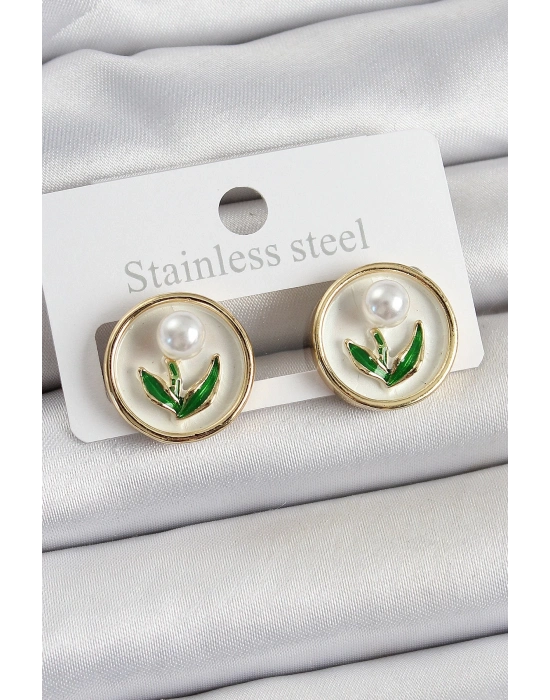 ® Pirinç Beyaz Mineli Lale Figürlü Sanatsal Portre Model Gold Renk Kadın Küpe