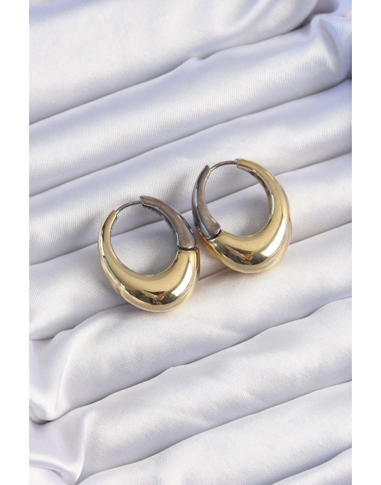 Pirinç Gold Gümüş Renkli Oval Bombeli Küpe