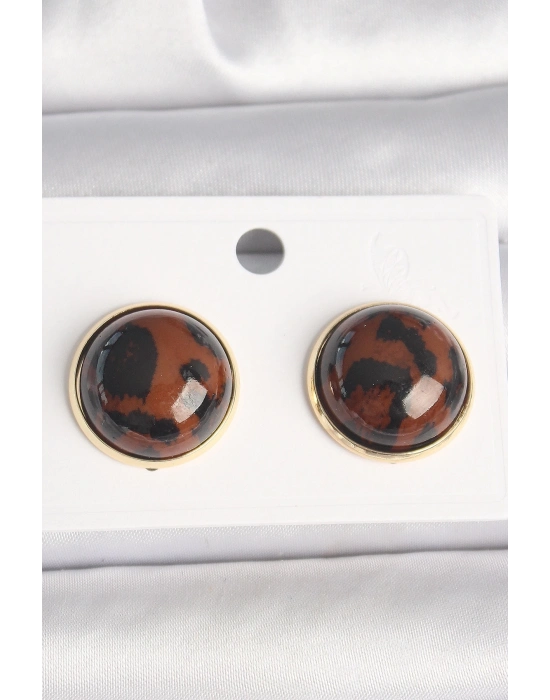 Pirinç Gold Renk 3D Daire Leopar Model Kadın Küpe