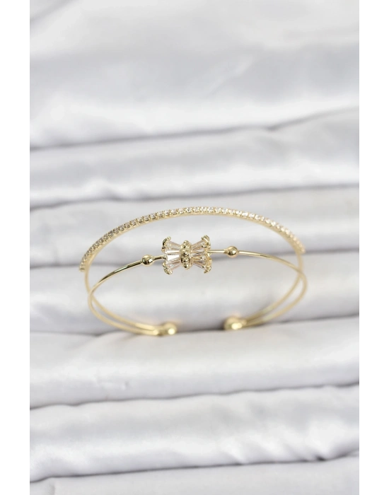 Pirinç Gold Renk Baget Zirkon Taşlı Objeli Kadın Bileklik
