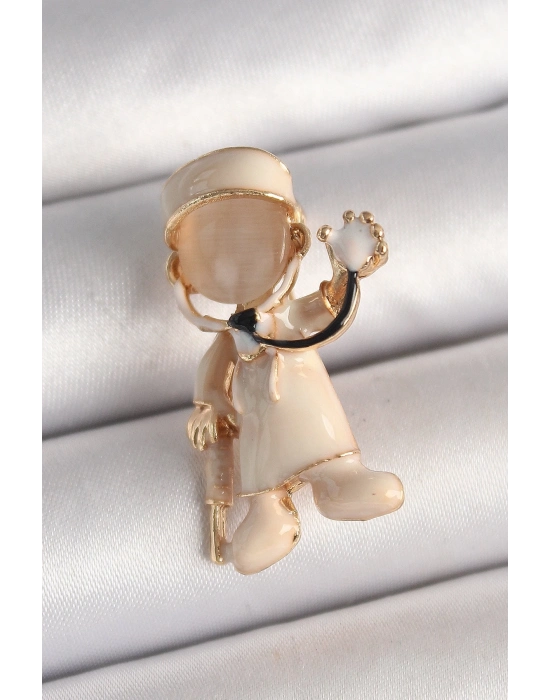 Pirinç Gold Renk Beyaz Mineli Doktor Model Kadın Broş