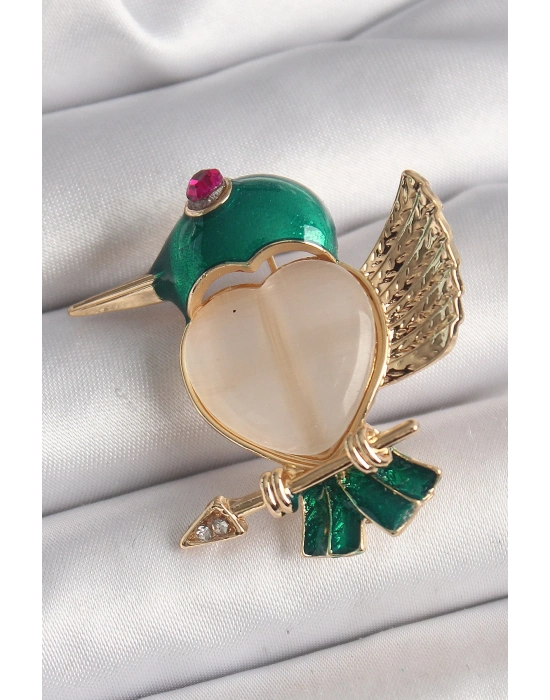 ® Pirinç Gold Renk Beyaz Mineli Kalp Yeşil Sinek Kuşu Model Pembe Zirkon Taş Detay Kadın Broş