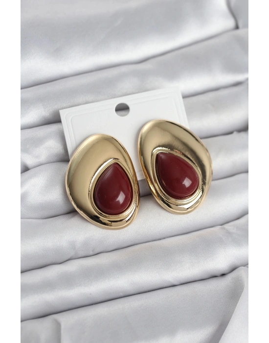 ® Pirinç Gold Renk Bordo Taşlı Damla Model Vintage Kadın Küpe