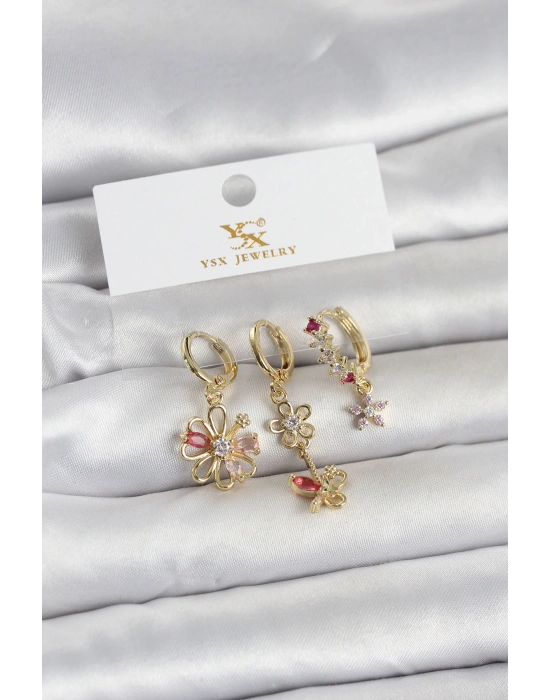 Pirinç Gold Renk Çiçek Model 3lü Kadın Küpe