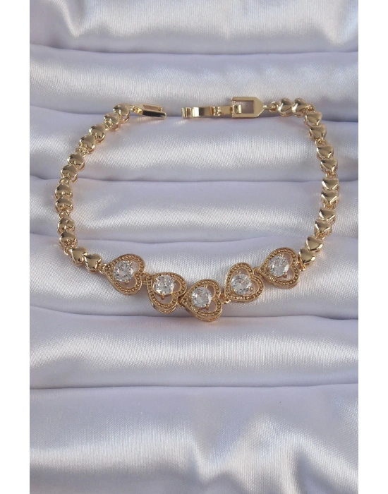 ® Pirinç Gold Renk İçi Zirkon Taşlı Kalp Figürlü Bileklik