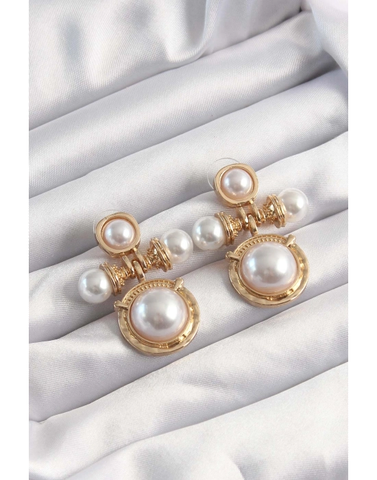 ® Pirinç Gold Renk İnci Taşlı Motifli Küpe