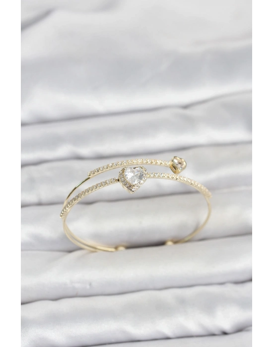 Pirinç Gold Renk Kalp Model Zirkon Taşlı Kadın Bileklik