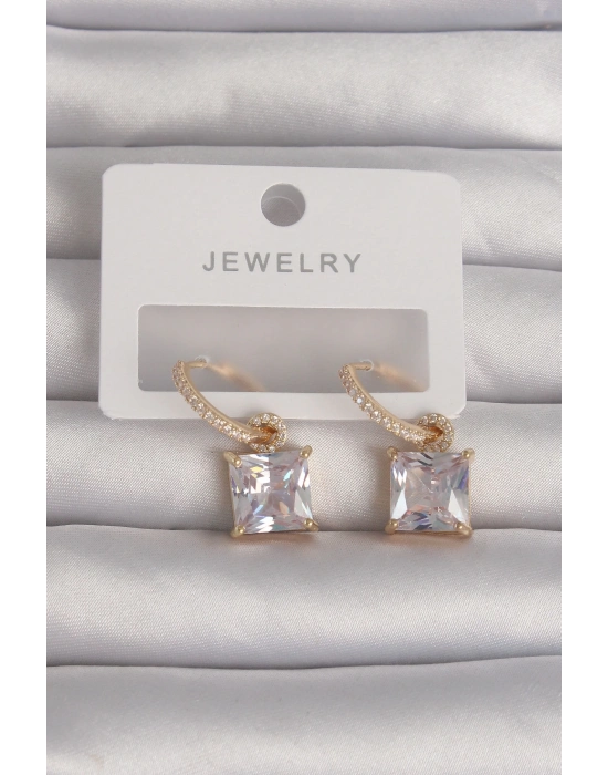 ® Pirinç Gold Renk Kare Zirkon Taşlı Halka Küpe