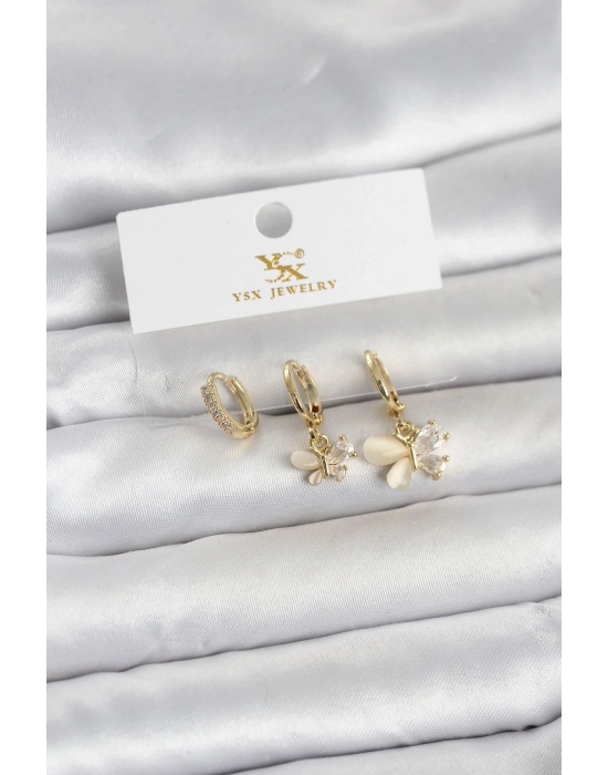 Pirinç Gold Renk Kelebek Model 3lü Kadın Küpe
