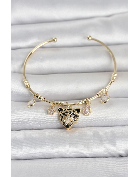 Pirinç Gold Renk Leopar Detaylı Charmlı Kadın Bileklik