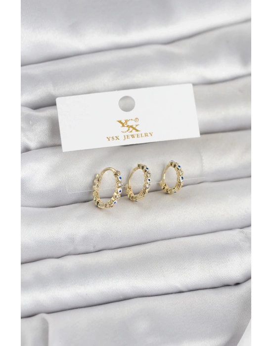 Pirinç Gold Renk Nazarlı Model 3lü Kadın Küpe