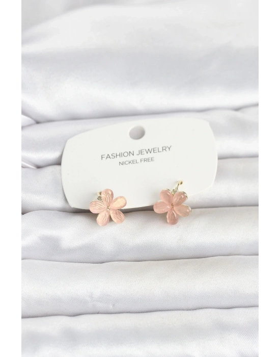 Pirinç Gold Renk Pembe Çiçek Model Çocuk Küpe