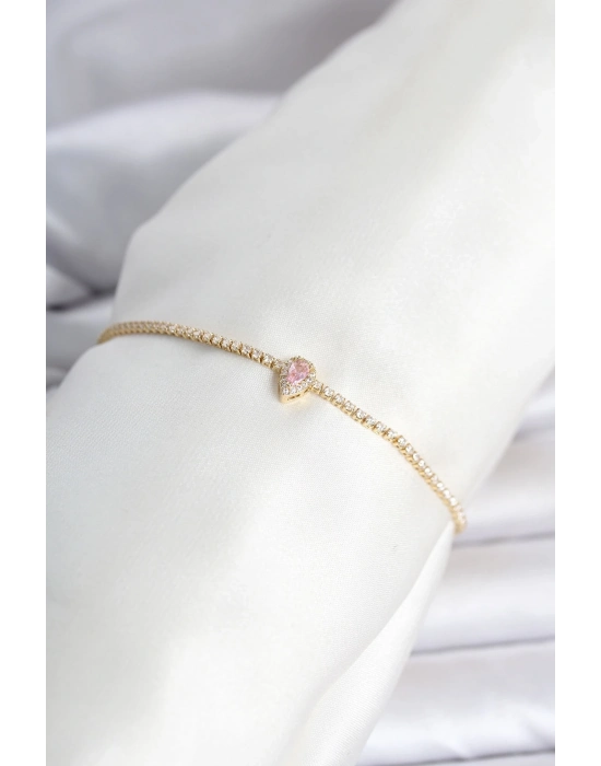 Pirinç Gold Renk Pembe Damla Model Su Yolu Kadın Bileklik
