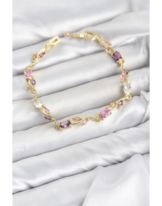 Pirinç Gold Renk Pembe ve Mor Zirkon Taşlı Çiçek Model Kadın Bileklik