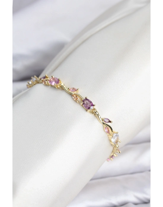Pirinç Gold Renk Pembe ve Mor Zirkon Taşlı Çiçek Model Kadın Bileklik