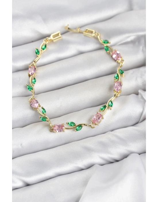 Pirinç Gold Renk Pembe Zirkon Taşlı Çiçek Model Kadın Bileklik