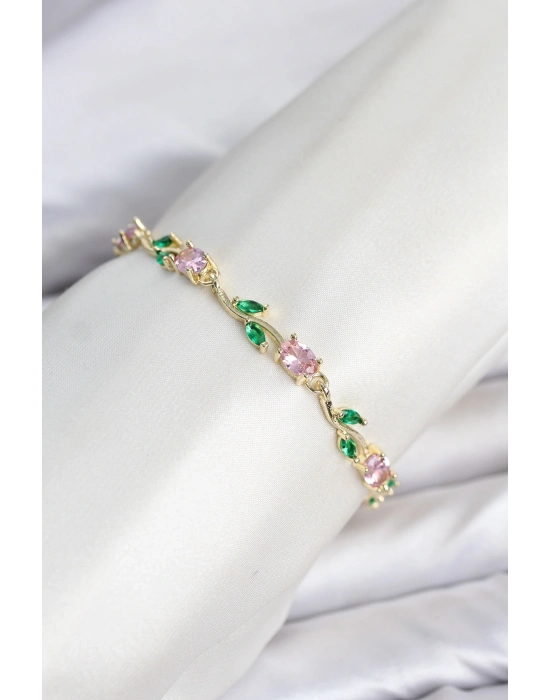 Pirinç Gold Renk Pembe Zirkon Taşlı Çiçek Model Kadın Bileklik