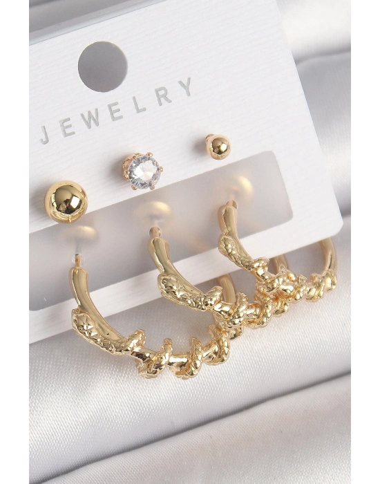 ® Pirinç Gold Renk Sarmal Yılan Halka Model Zirkon Taşlı Topçuk Detay Kadın Küpe Seti