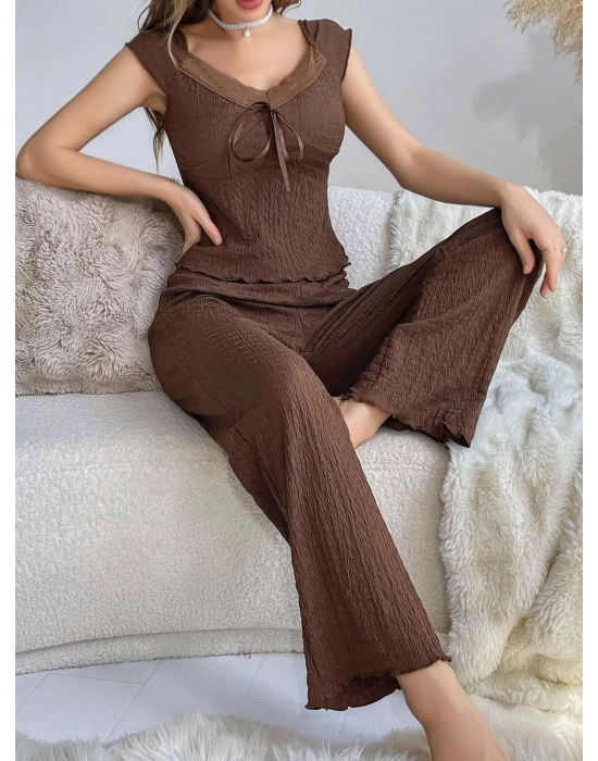 Kadın Kahverengi Kurdela Detaylı Yumuşak Pamuklu Uzun Pijama Takımı 5135