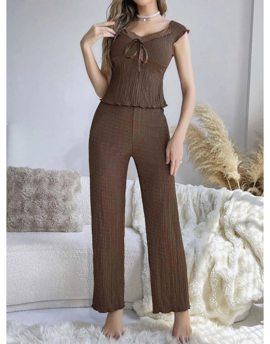 Kadın Kahverengi Kurdela Detaylı Yumuşak Pamuklu Uzun Pijama Takımı 5135