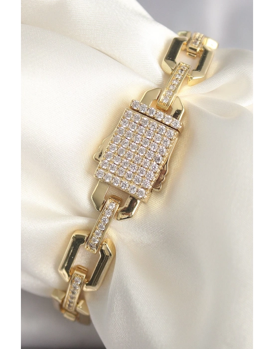 ® Pirinç Gold Renk Zirkon Taş Detaylı Kare Zincir Model Xuping VIP Exculusive Seri Kadın Bileklik